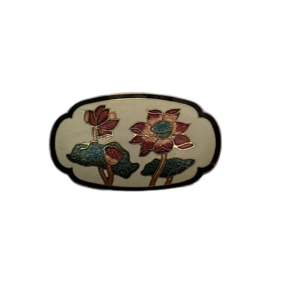 Vintage Cloisonne Belt Buckle Pastel Pink Lotus Flower Cream Enamel Scalloped